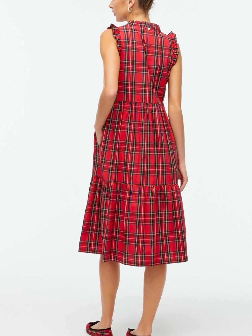 J Crew Christmas Holiday Tartan Red Plaid Ruffle Tiered Midi Dress size 8 $118 - Picture 2 of 13